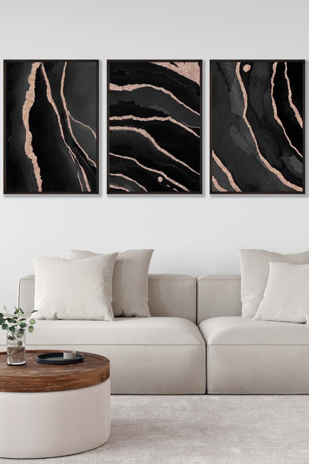 Abstract Black Grey Gold Strokes Framed Wall Art - Large