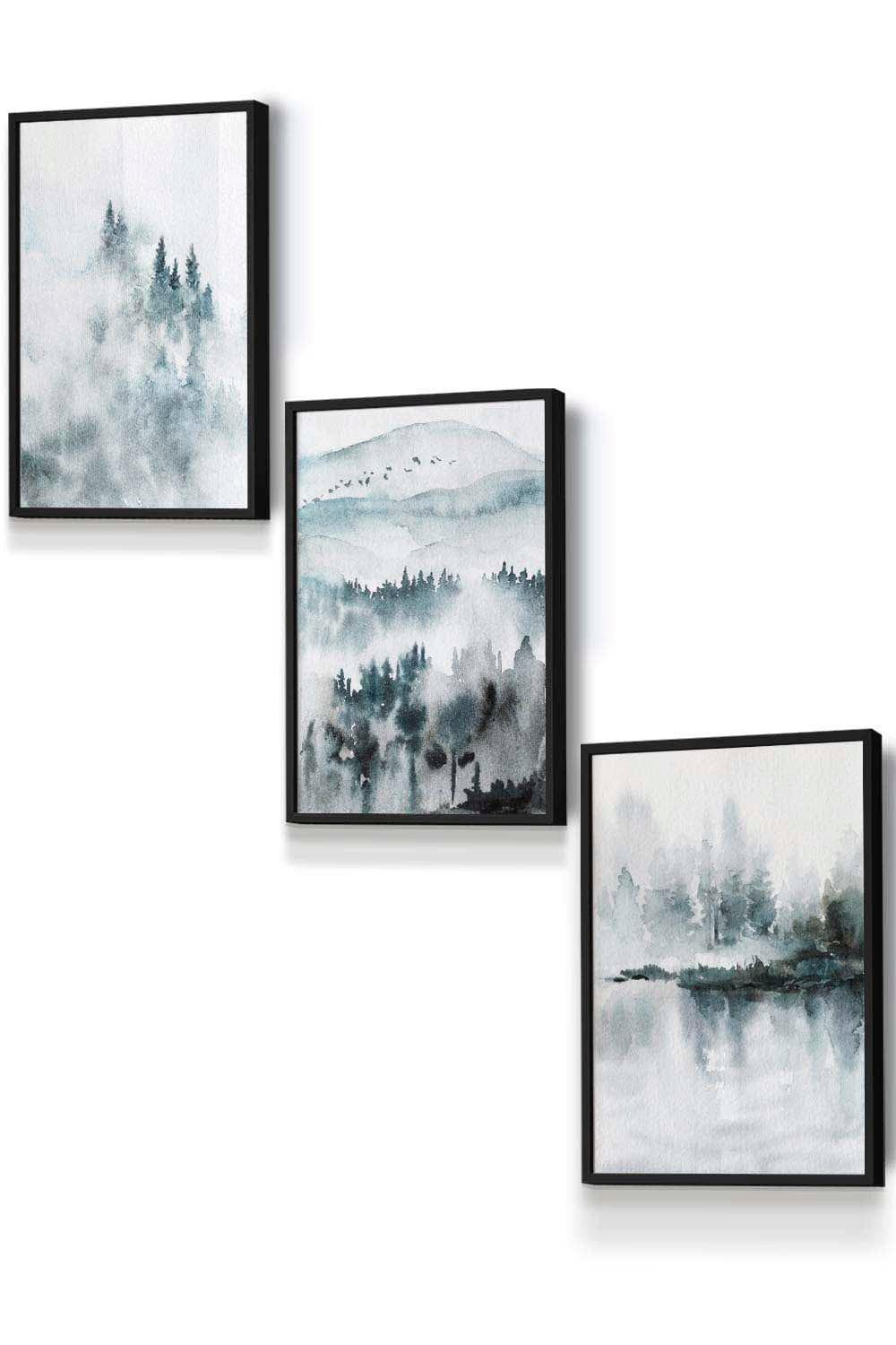 Set of 3 Black Framed Teal Blue Abstract Forest Lake Wall Art