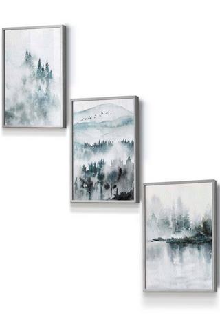 Product Set of 3 Light Grey Framed Teal Blue Abstract Forest Lake Wall Art Teal