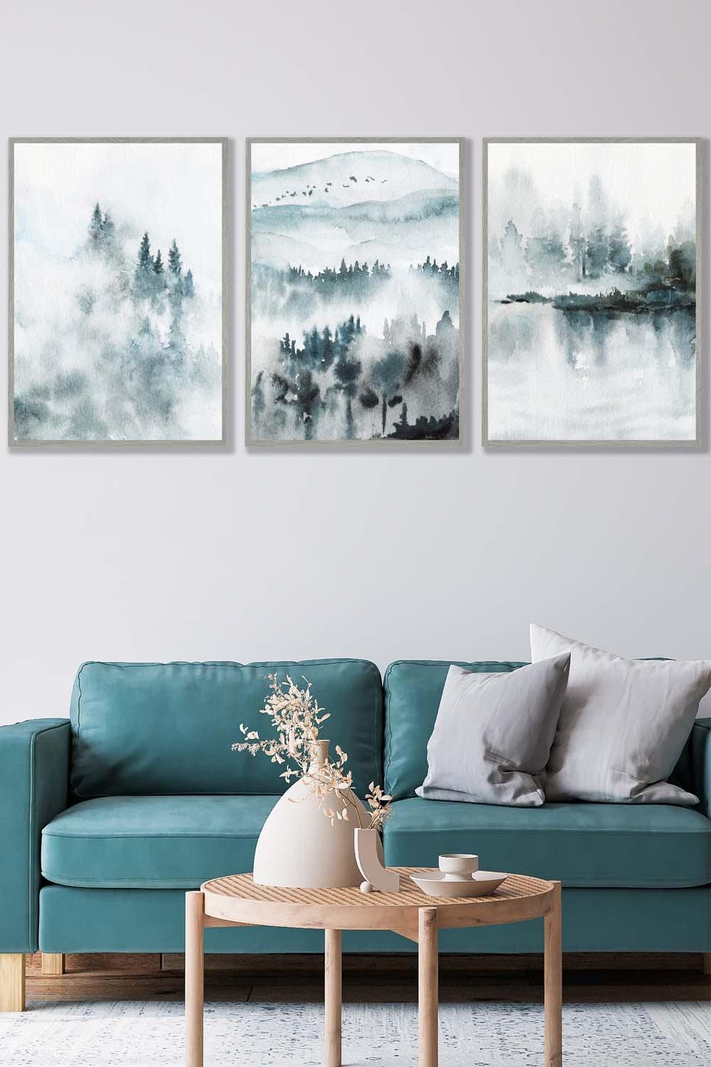 Set of 3 Light Grey Framed Teal Blue Abstract Forest Lake Wall Art