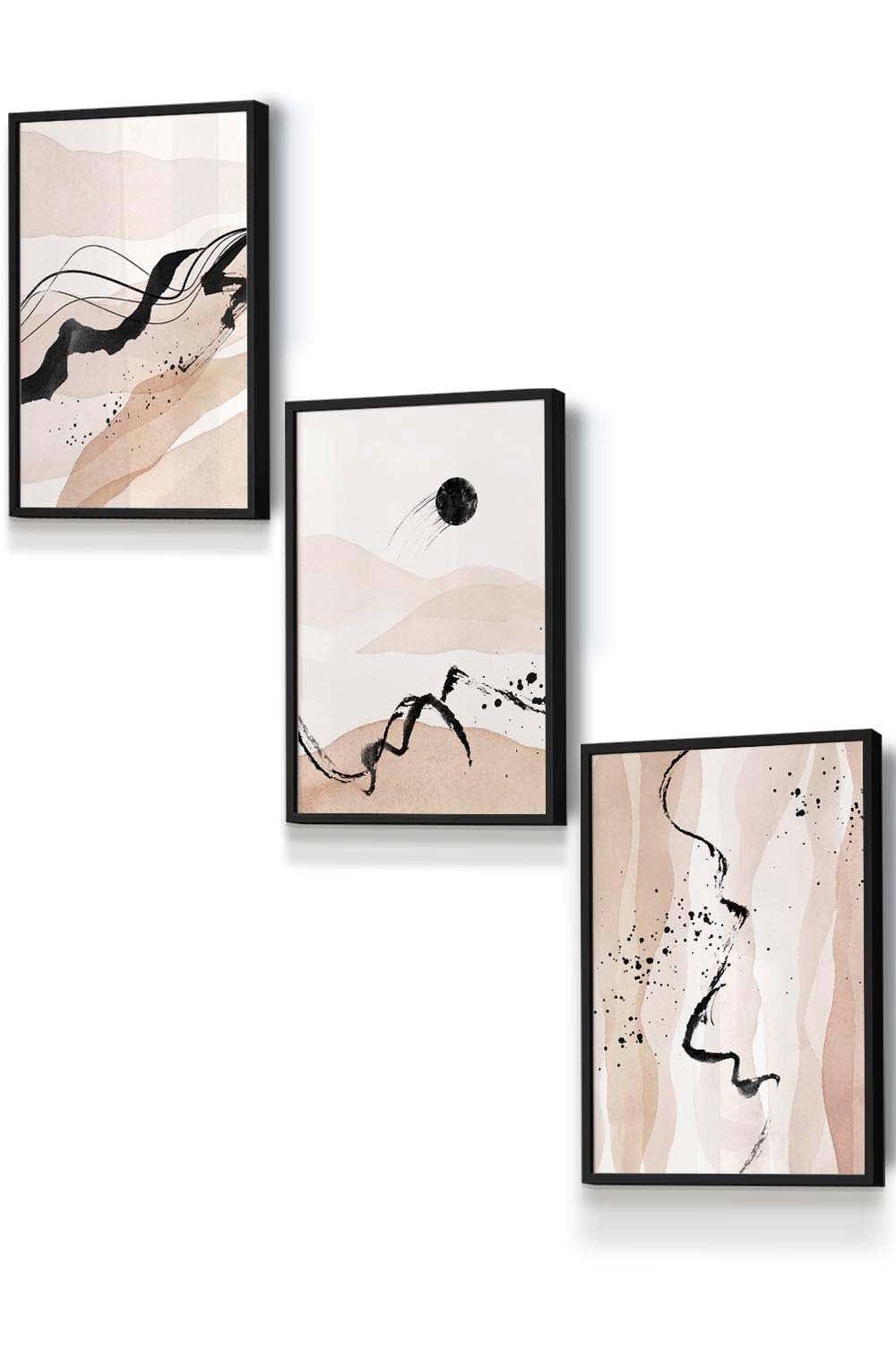 Set of 3 Black Framed Beige Black Abstract Mountain Contours Wall Art