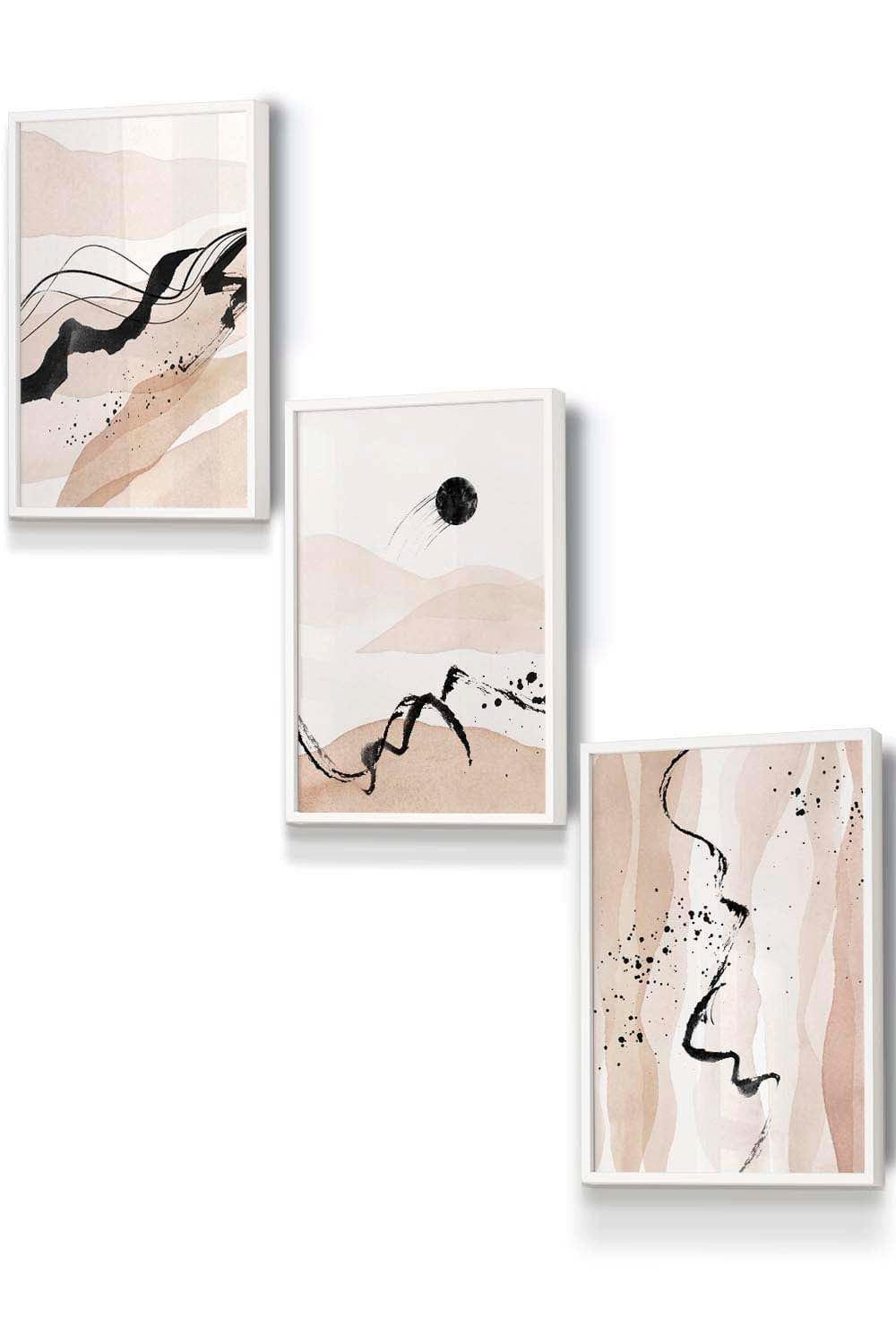 Set of 3 White Framed Beige Black Abstract Mountain Contours Wall Art