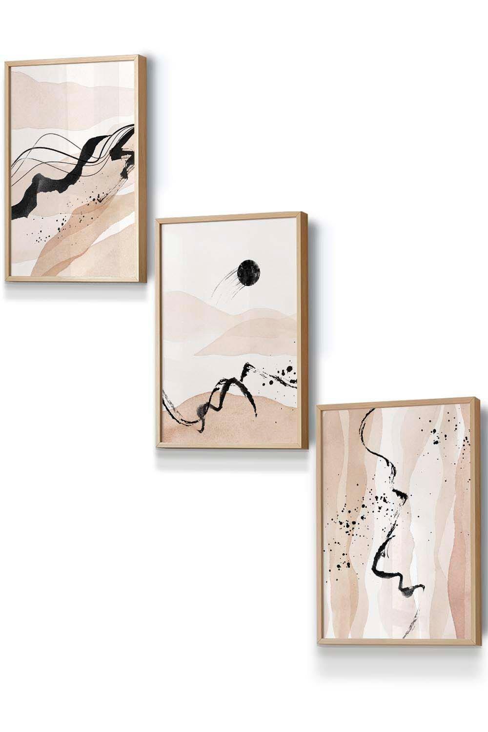 Set of 3 Oak Framed Beige Black Abstract Mountain Contours Wall Art