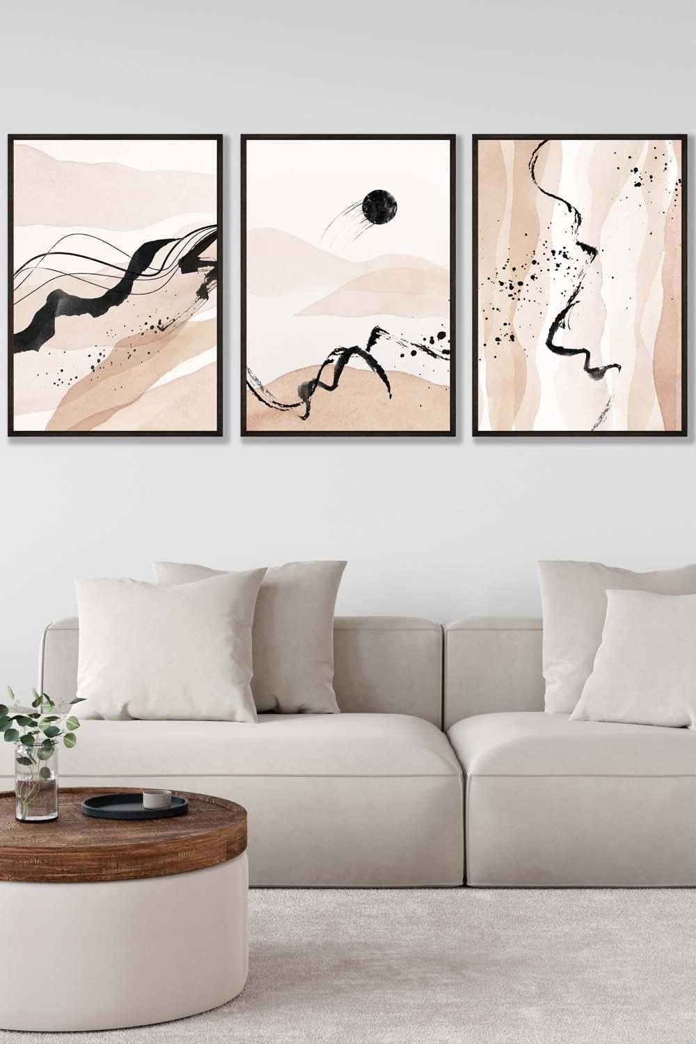 Set of 3 Black Framed Beige Black Abstract Mountain Contours Wall Art