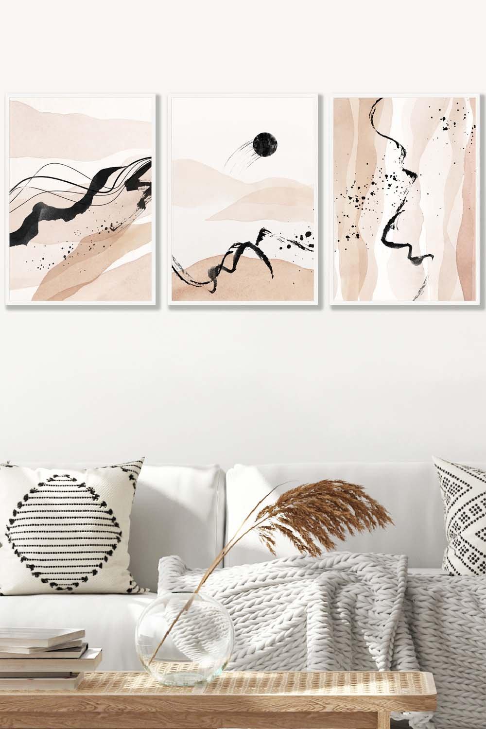 Set of 3 White Framed Beige Black Abstract Mountain Contours Wall Art