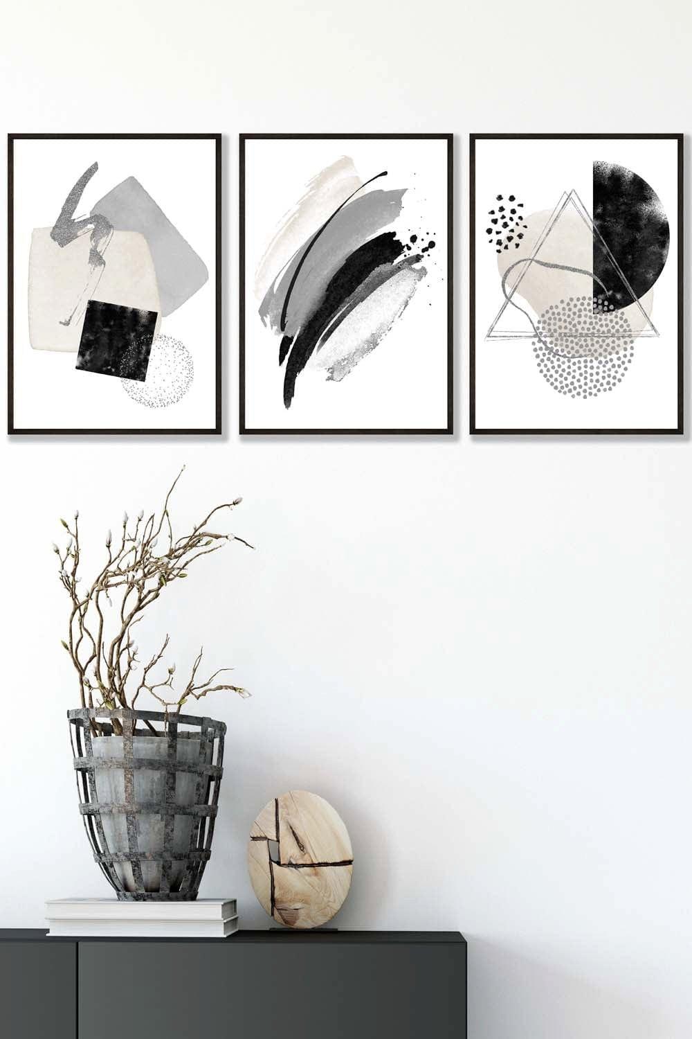 Abstract Black Grey Ivory Watercolour Shapes Framed Wall Art - Medium