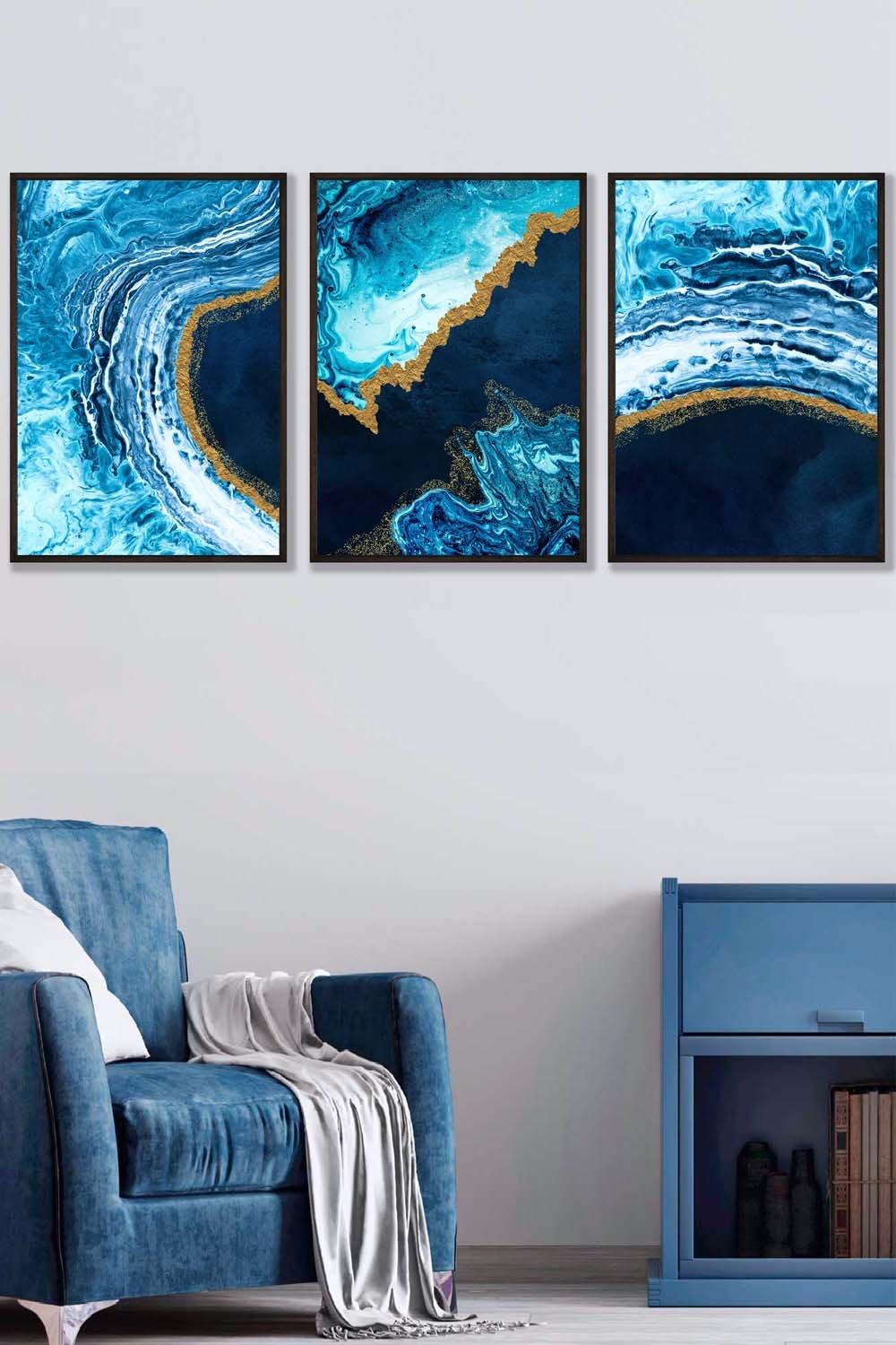 Abstract Navy, Blue and Gold Oceans Framed Wall Art - Large