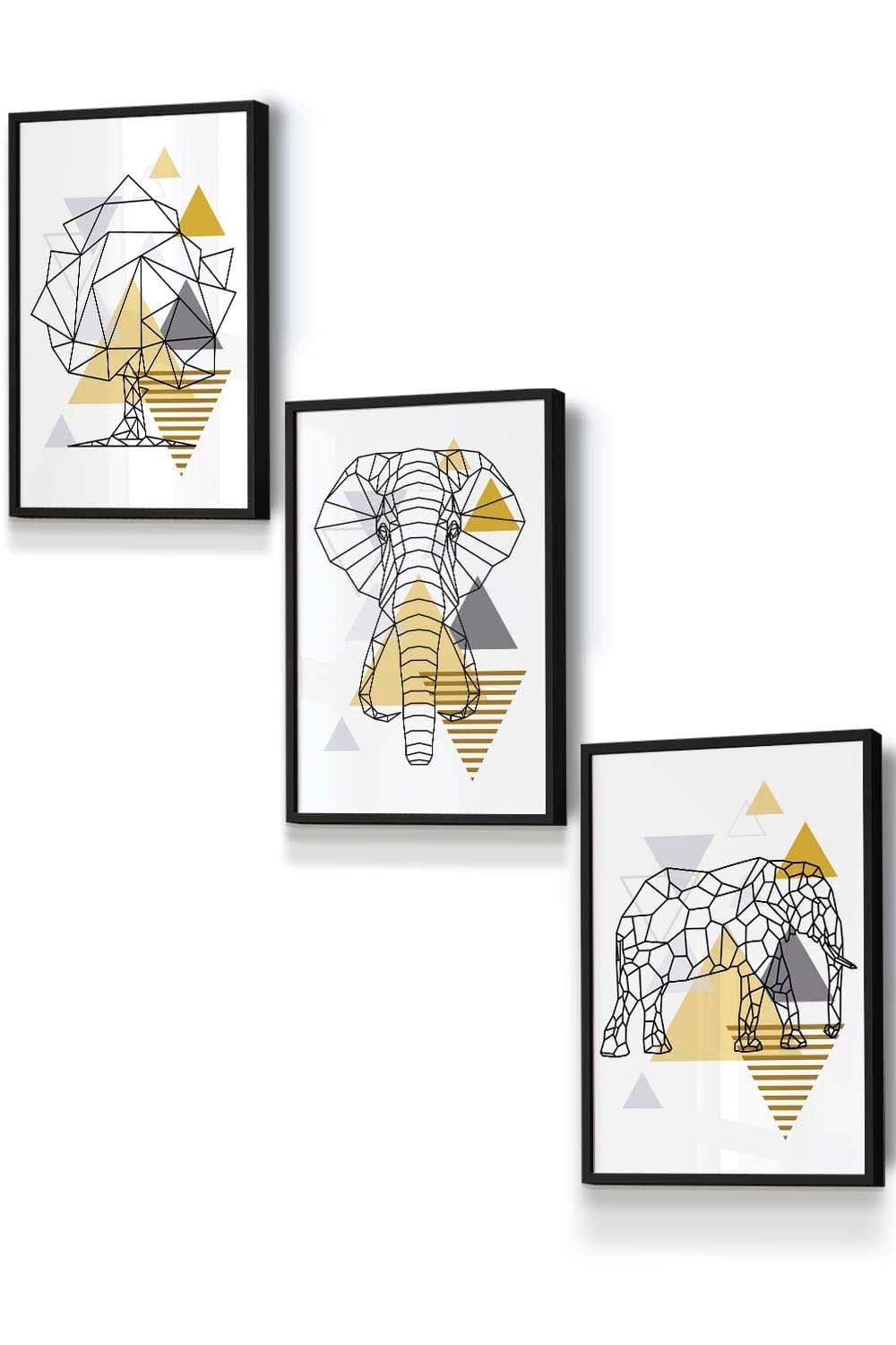 Geometric Line Art Yellow Elephant Tree Set Framed Wall Art - Small