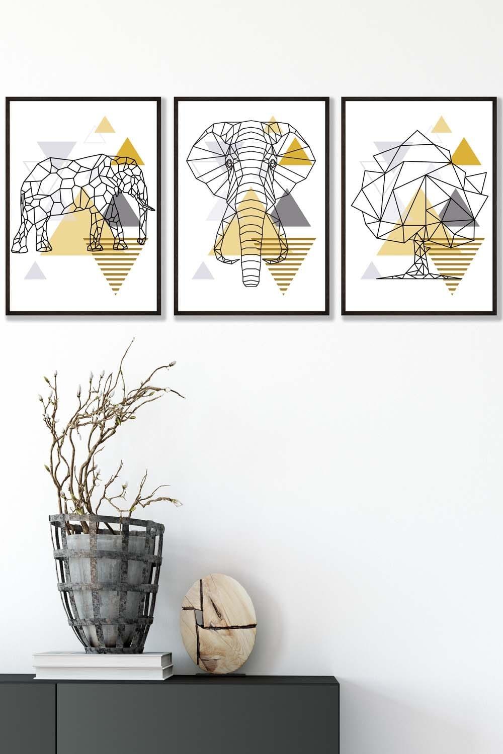 Geometric Line Art Yellow Elephant Tree Set Framed Wall Art - Medium
