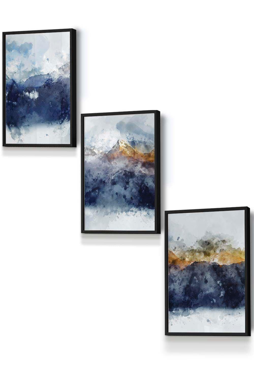 Abstract Navy Blue and Yellow Mountains Framed Wall Art - Small