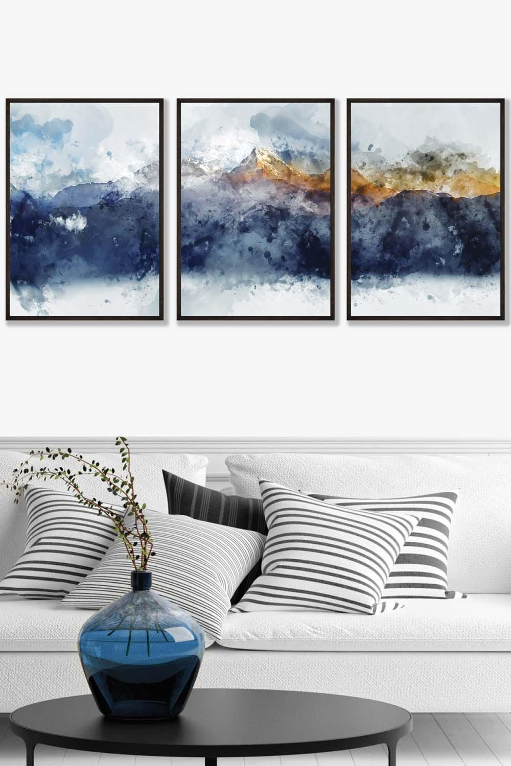 Abstract Navy Blue and Yellow Mountains Framed Wall Art - Large