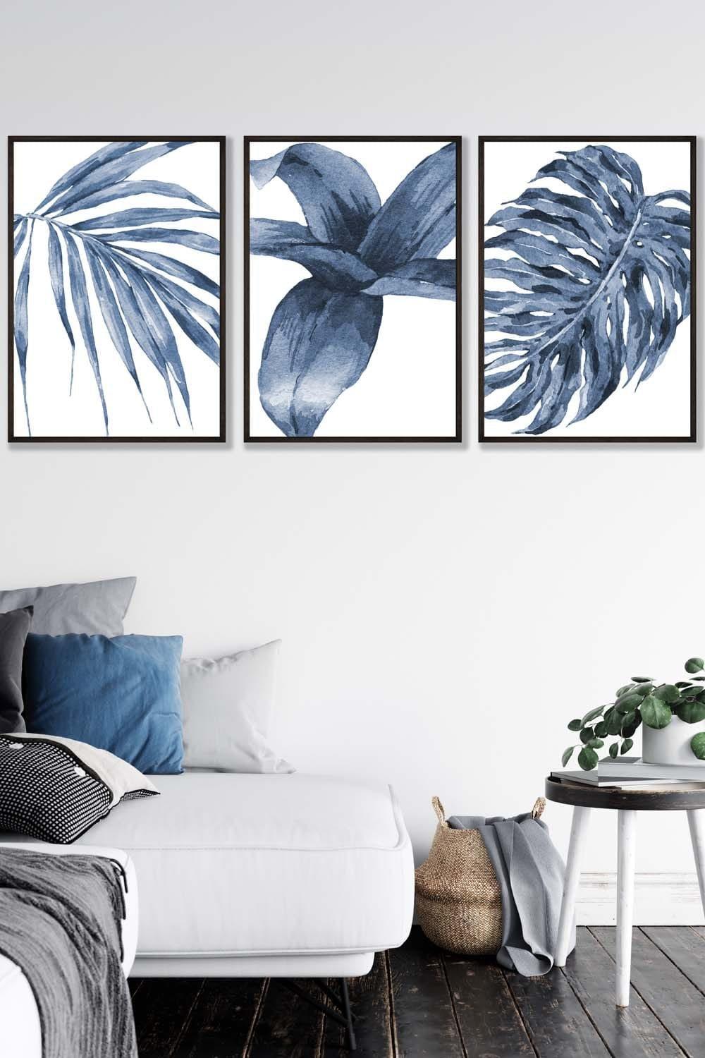 Set of 3 Black Framed Tropical Plants Navy Blue Abstract Wall Art