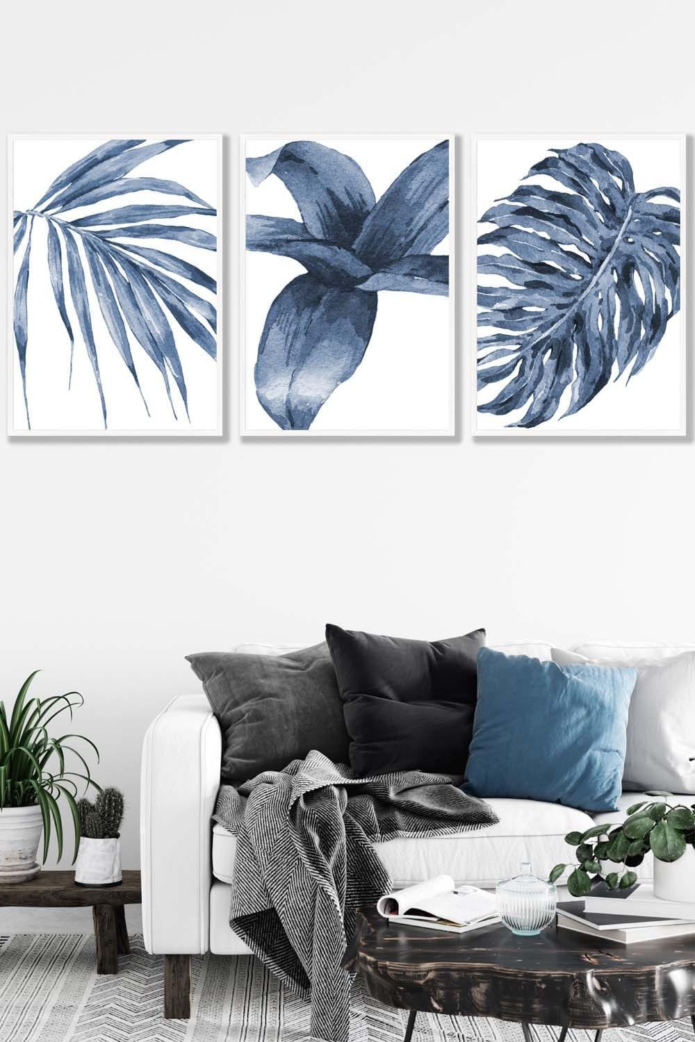 Set of 3 White Framed Tropical Plants Navy Blue Abstract Wall Art