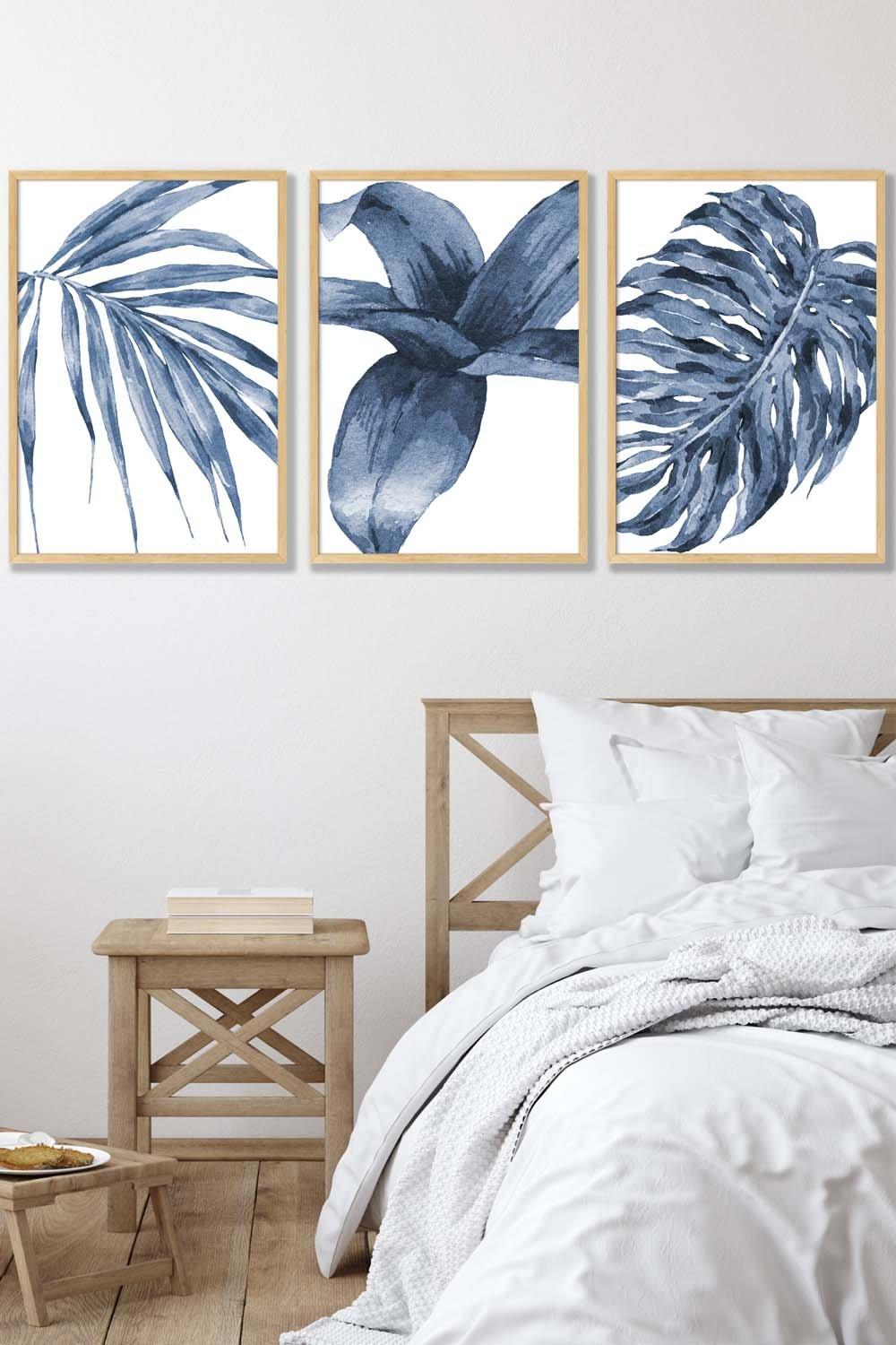 Set of 3 Oak Framed Tropical Plants Navy Blue Abstract Wall Art