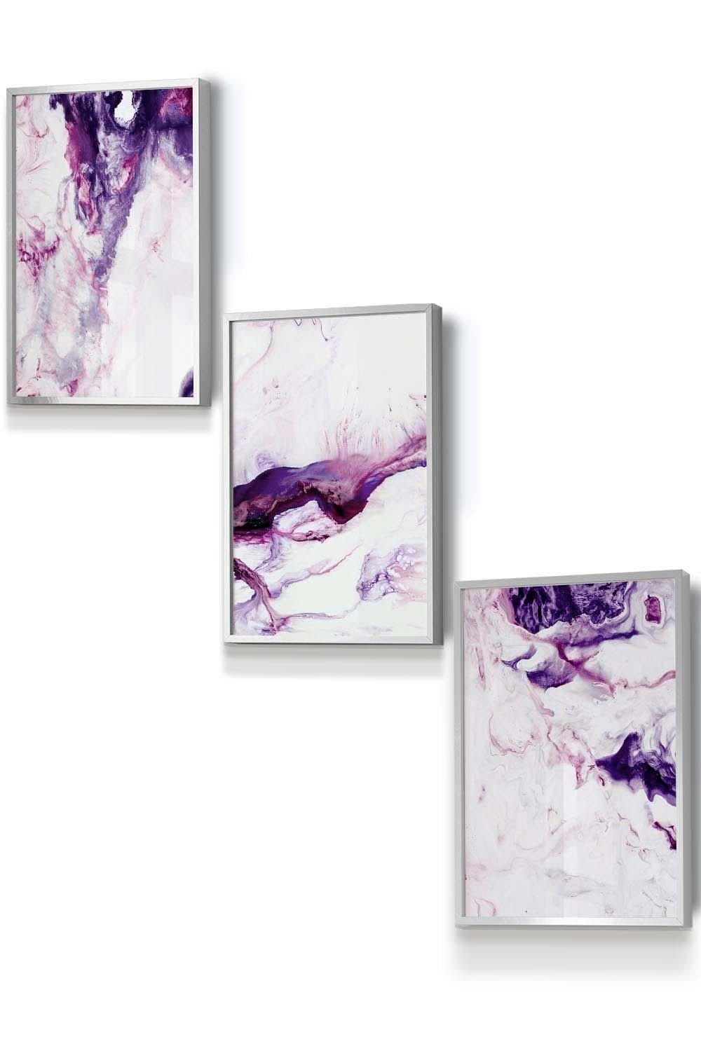 Set of 3 Silver Framed Purple Pink Abstract Ocean Waves Wall Art