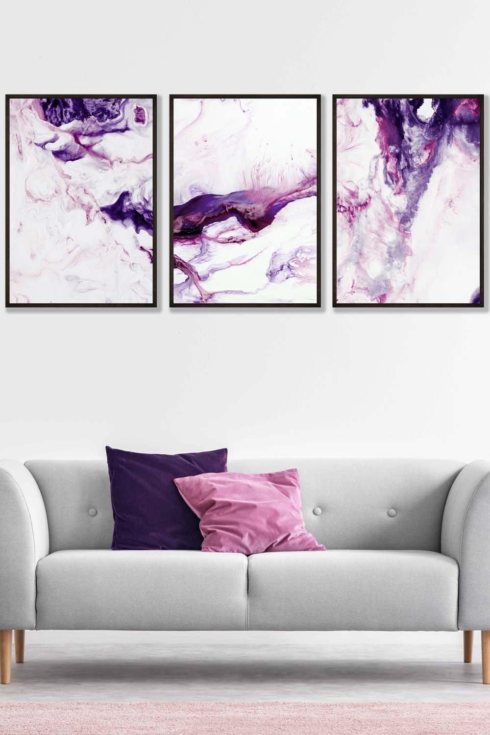 Set of 3 Black Framed Purple Pink Abstract Ocean Waves Wall Art