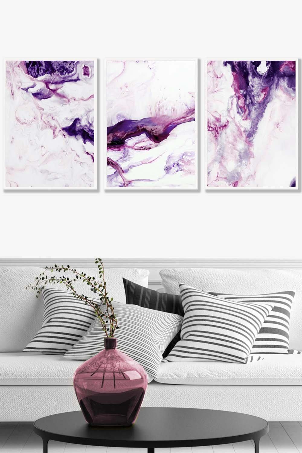 Set of 3 White Framed Purple Pink Abstract Ocean Waves Wall Art