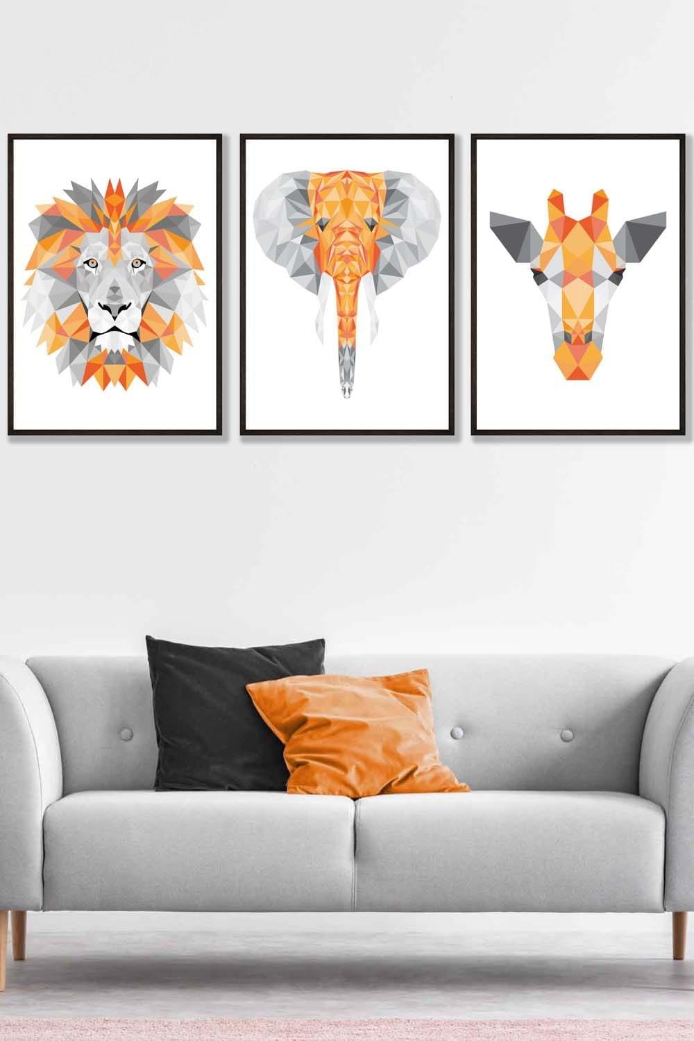 Set of 3 Black Framed Geometric Orange Grey Jungle Animal Heads Wall Art
