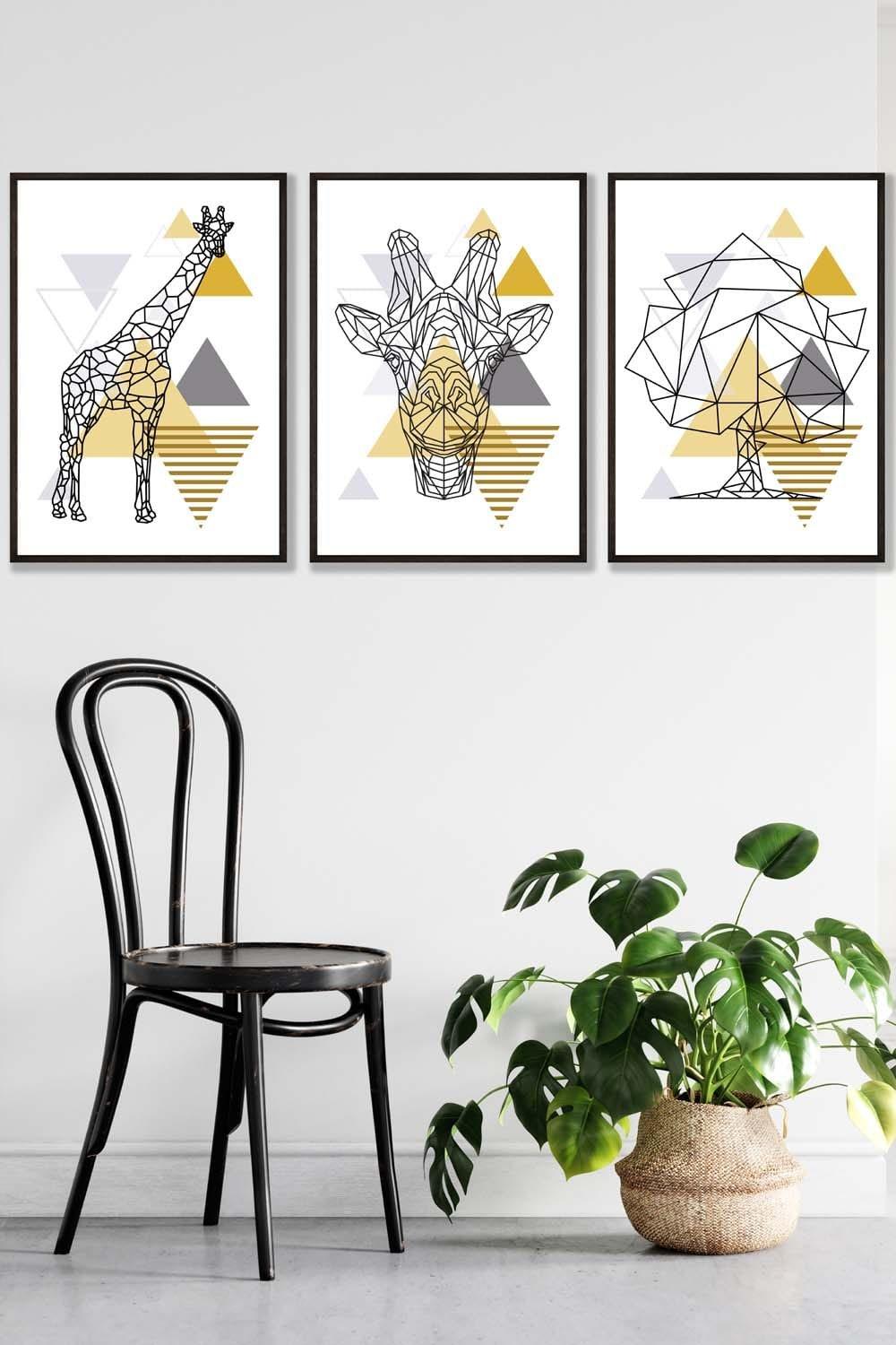 Geometric Line Art Yellow Giraffe Tree Set Framed Wall Art - Large
