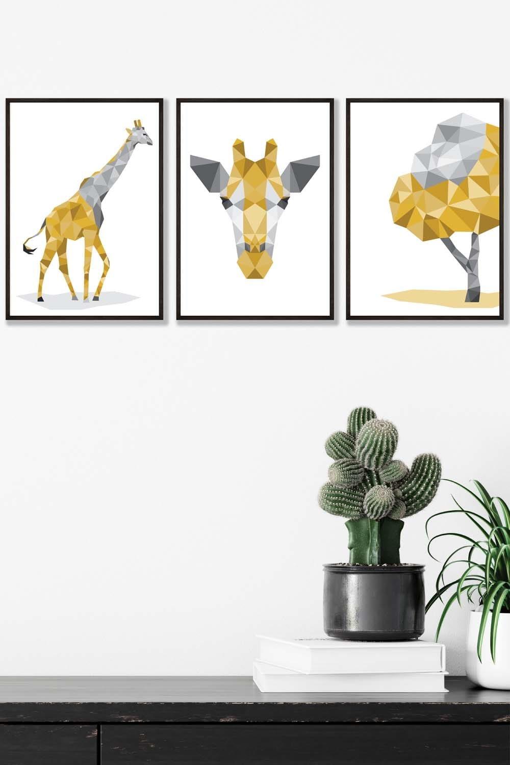 Geometric Yellow Grey Giraffe Set Framed Wall Art - Medium