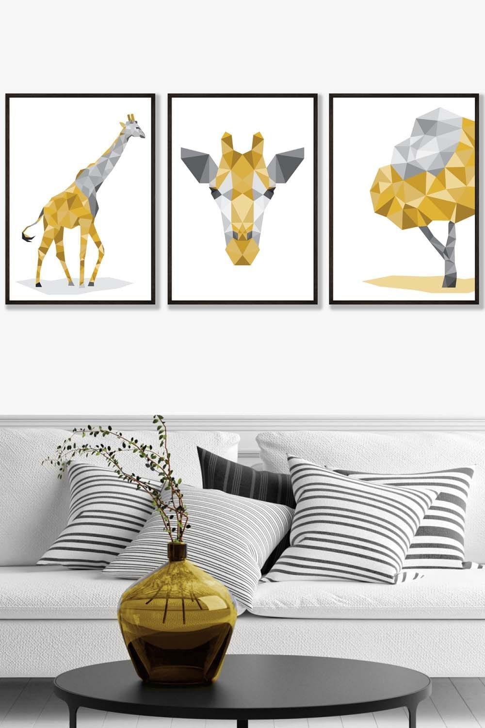 Geometric Yellow Grey Giraffe Set Framed Wall Art - Large
