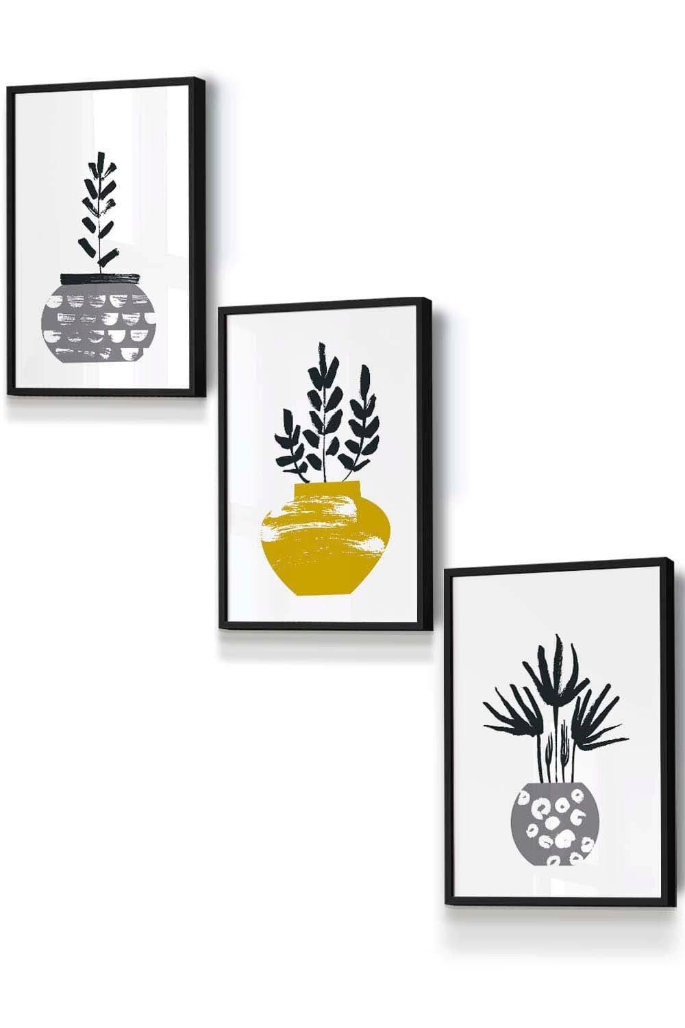 Scandi Yellow Grey Cactus Pots Framed Wall Art - Small