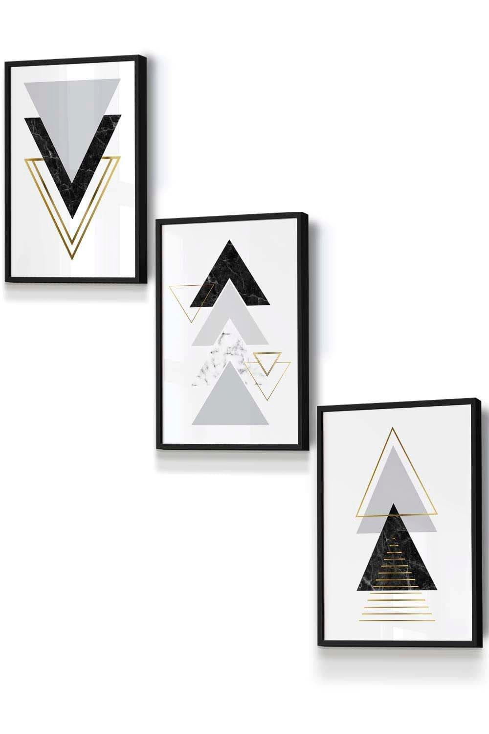 Black Grey Geometric Triangle Set Framed Wall Art - Small