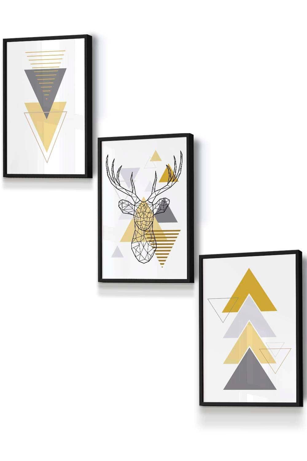 Geometric Line Art Yellow Stag Head Triangles Framed Wall Art - Small
