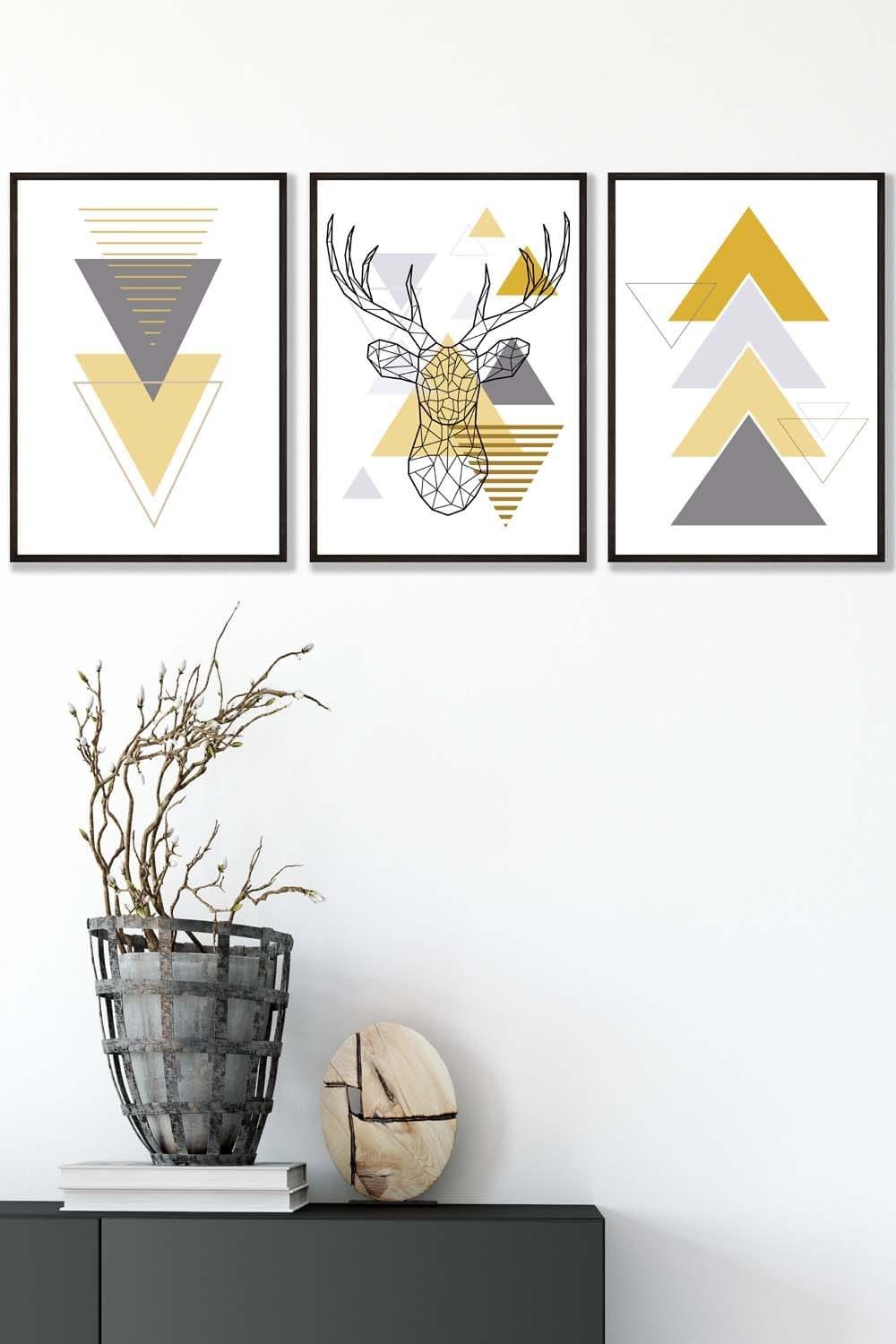 Geometric Line Art Yellow Stag Head Triangles Framed Wall Art - Medium