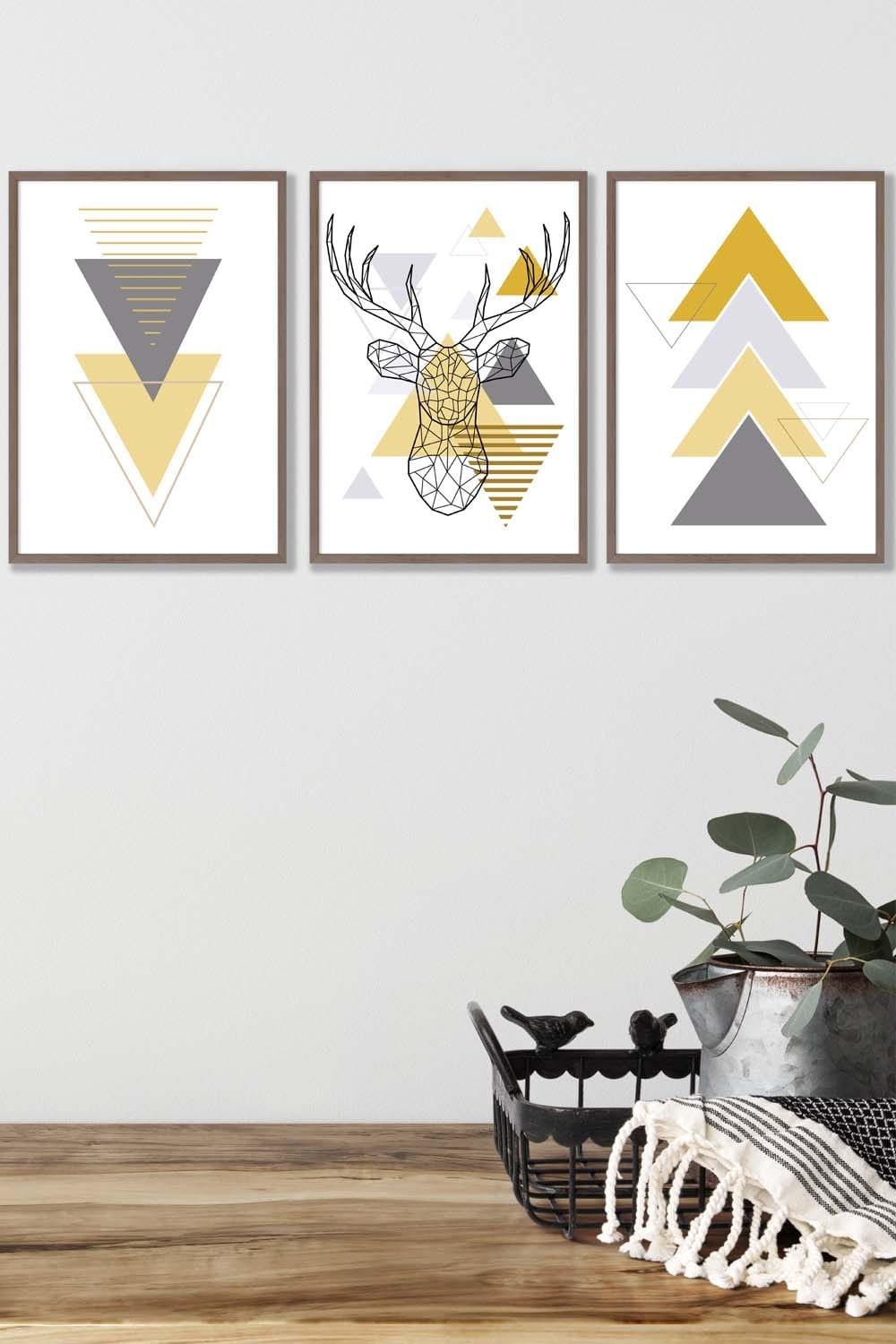 Geometric Line Art Yellow Stag Head Triangles Framed Wall Art - Medium