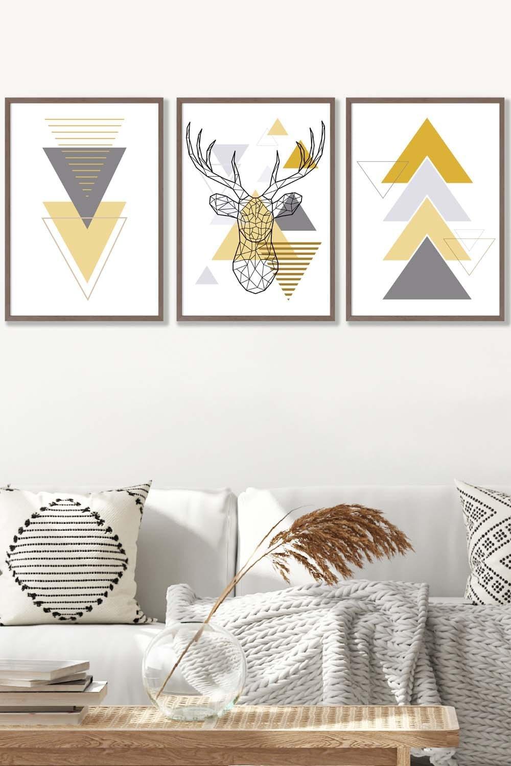 Geometric Line Art Yellow Stag Head Triangles Framed Wall Art - Large