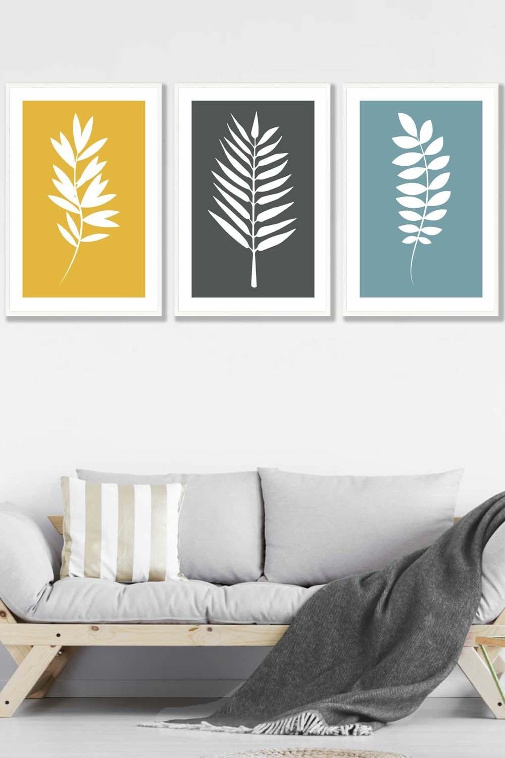 Framed Yellow, Grey, Blue Graphical Leaves Framed Wall Art - Large