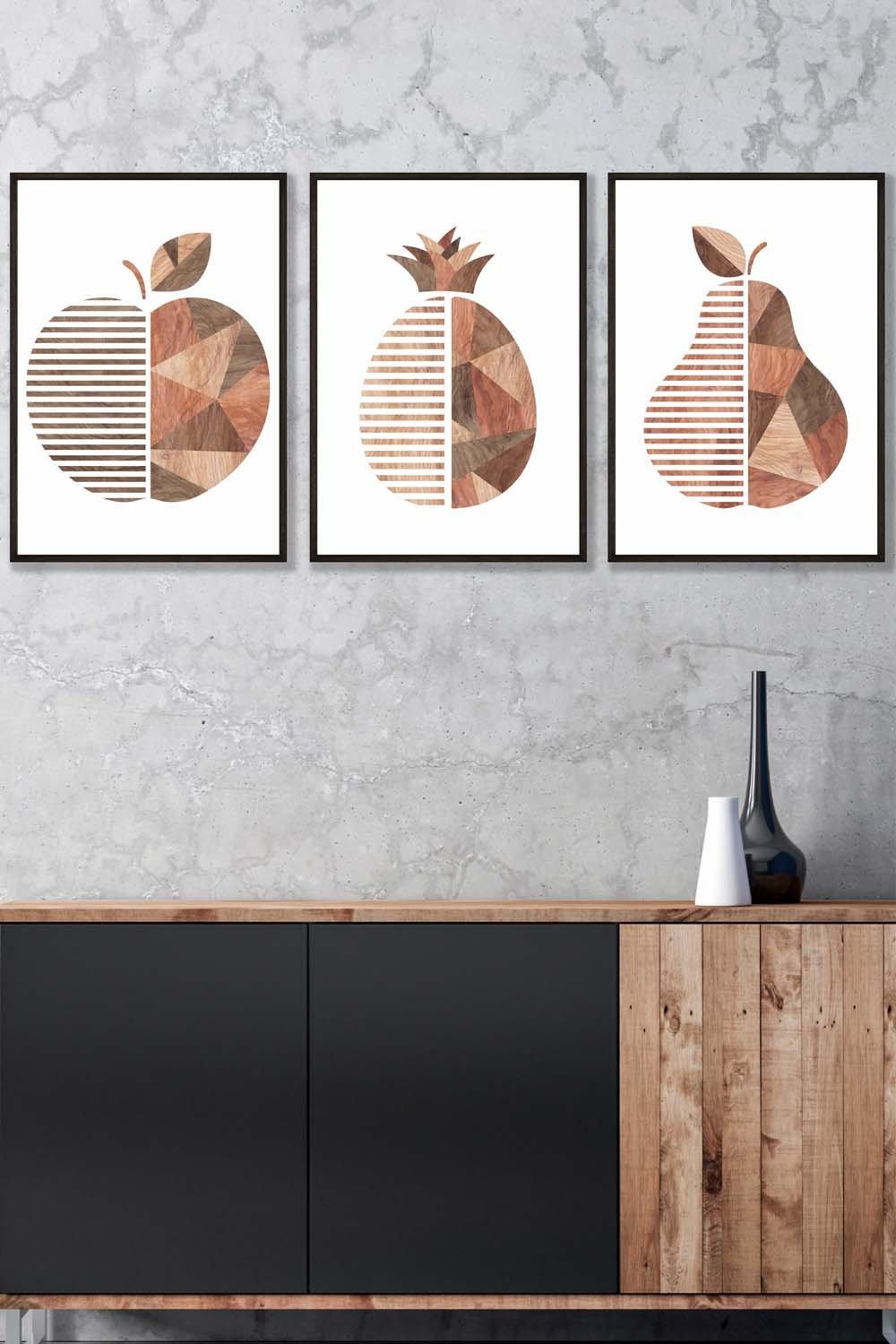 Framed Geometric Wood Grain Effect Fruit Framed Wall Art - Medium