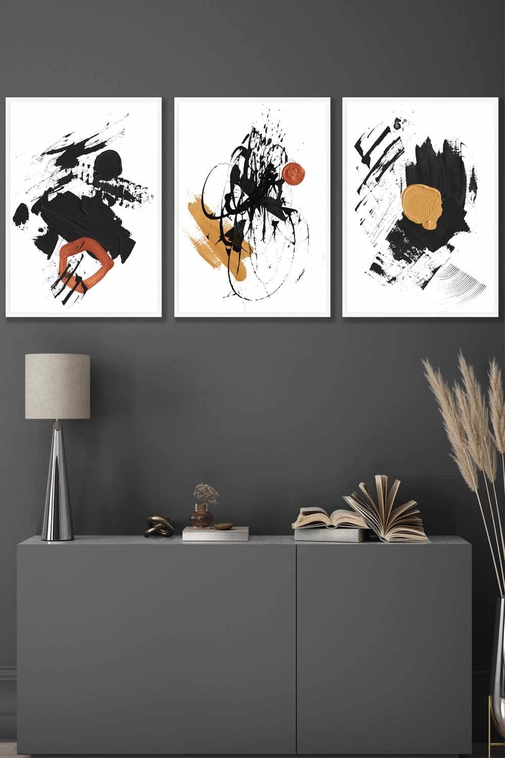 Framed Abstract Black, Yellow, Orange Oil Strokes Framed Wall Art - Medium