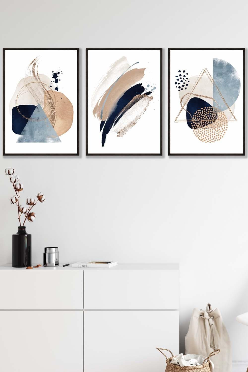 Framed Abstract Blue Beige Watercolour Shapes Framed Wall Art - Large