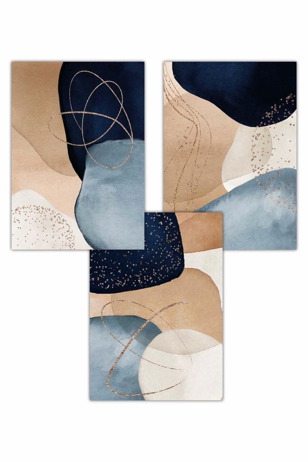 Set of 3 Abstract Blue, Beige, Gold Shapes Art Posters