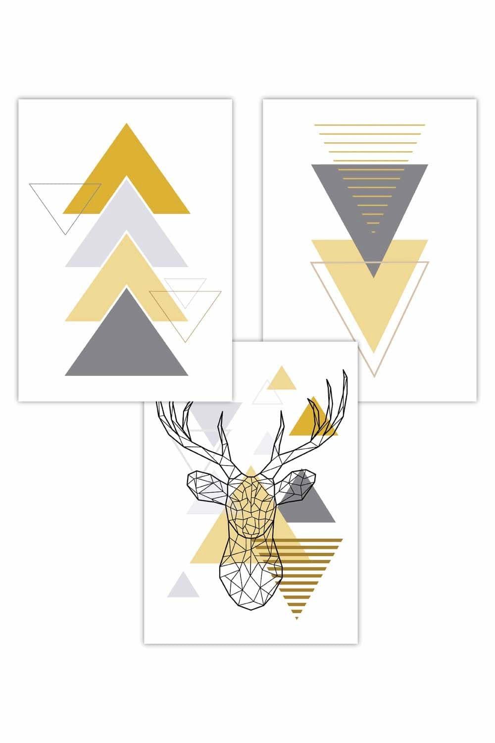 Set of 3 Geometric Line Art Yellow Stag Head Triangles Art Posters