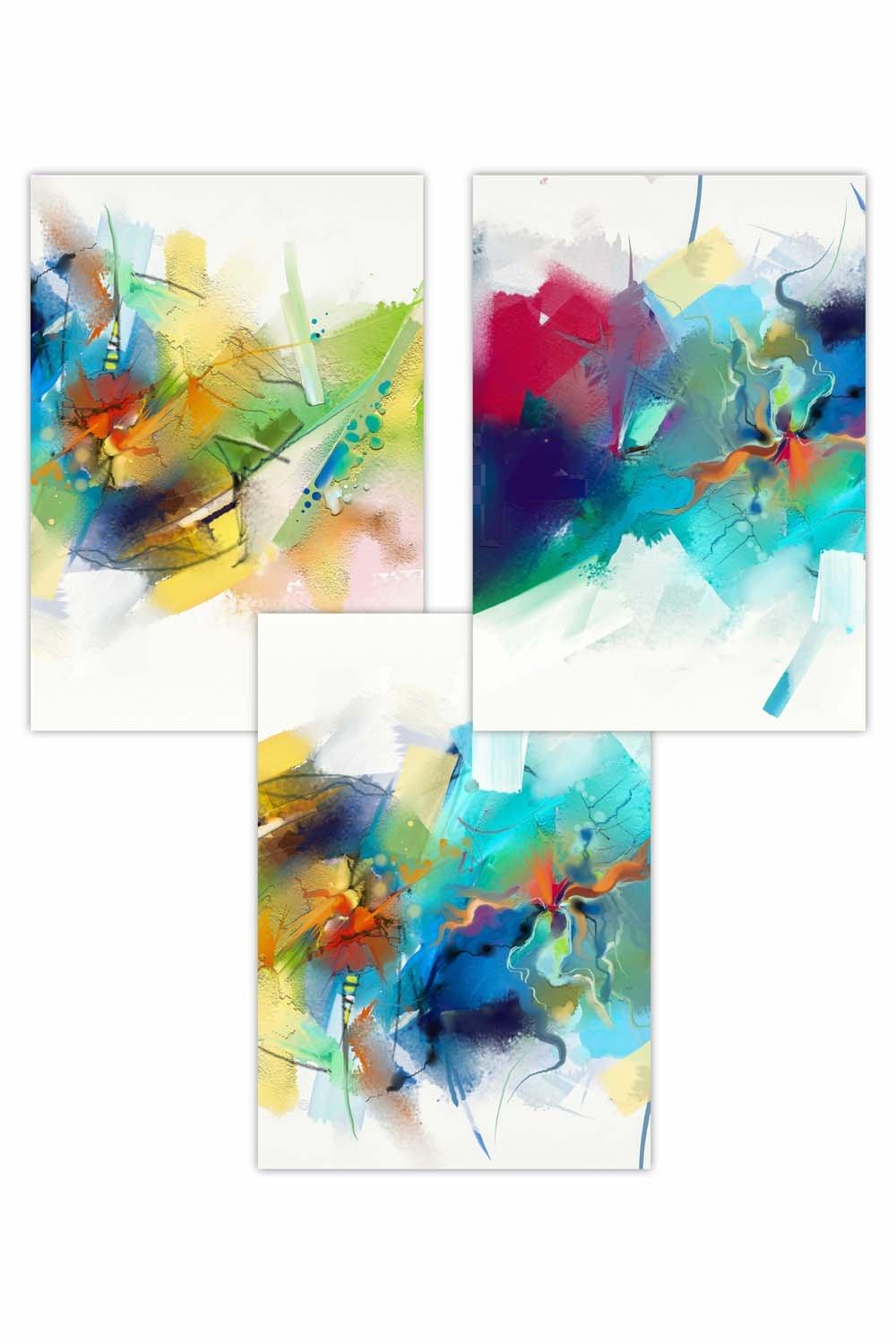 Set of 3 Abstract Colourful Pink Blue Yellow Mixed Media Fractal Art Posters