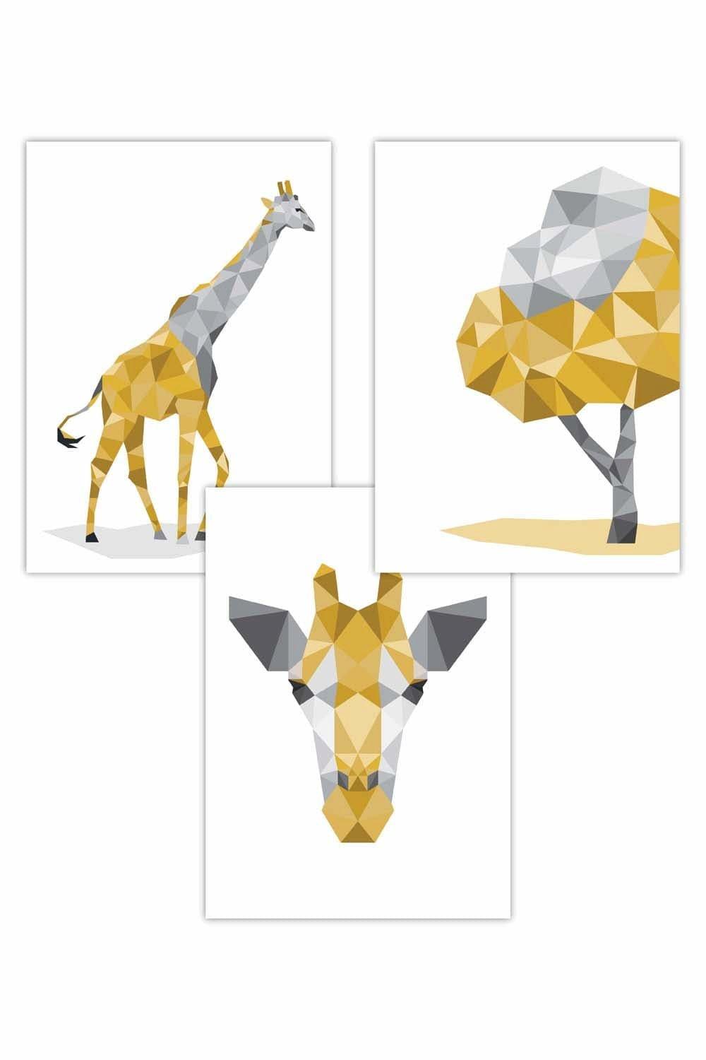 Set of 3 Geometric Yellow Grey Giraffe Set Art Posters