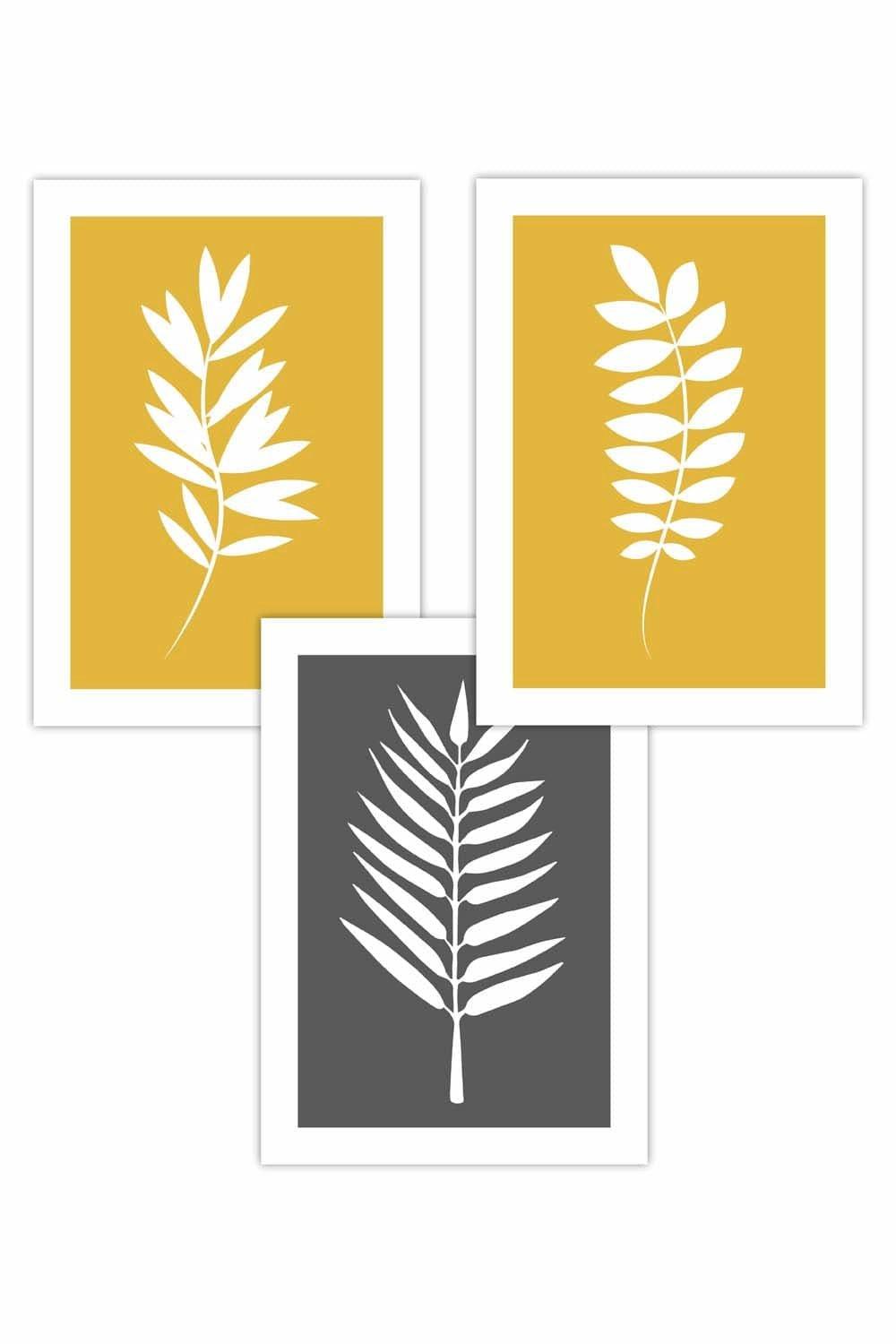 Set of 3 Yellow Grey Graphical Leaves Art Posters
