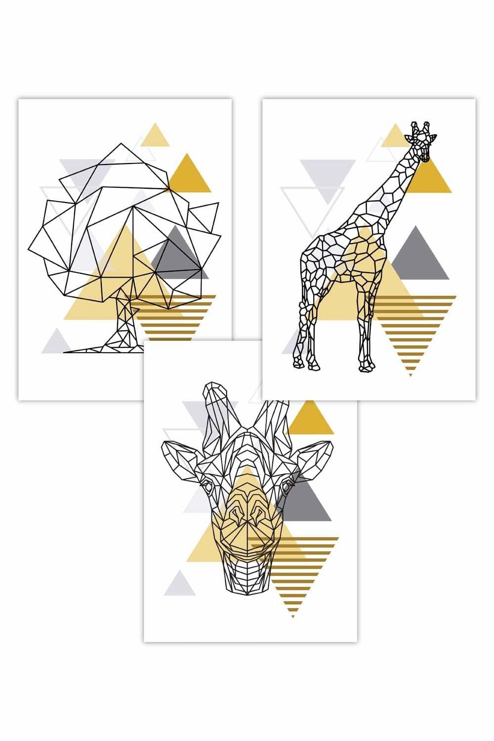 Set of 3 Geometric Line Art Yellow Giraffe Tree Set Art Posters