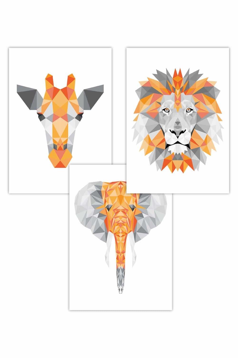 Set of 3 Geometric Orange Grey Jungle Animal Heads Art Posters