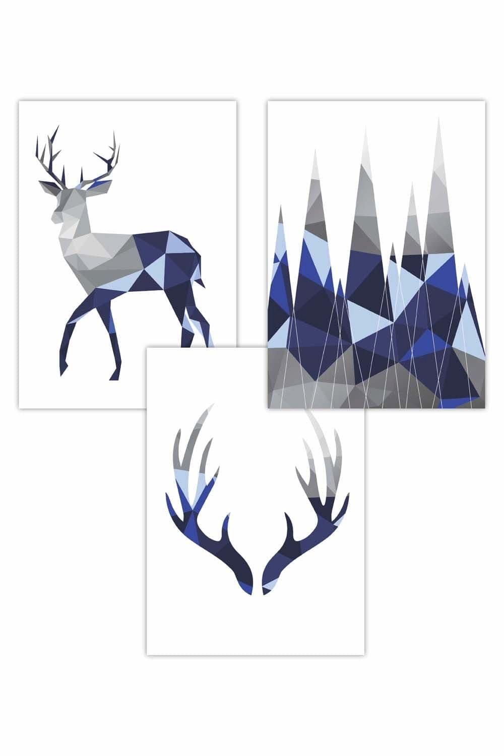 Set of 3 Geometric Navy Blue Grey Stags Set Art Posters