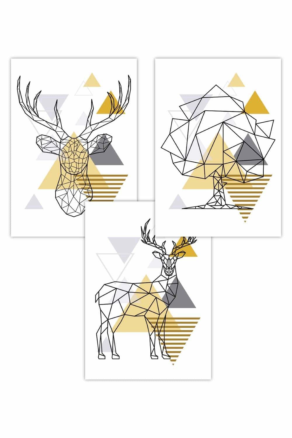 Set of 3 Geometric Line Art Yellow Stags Tree Set Art Posters
