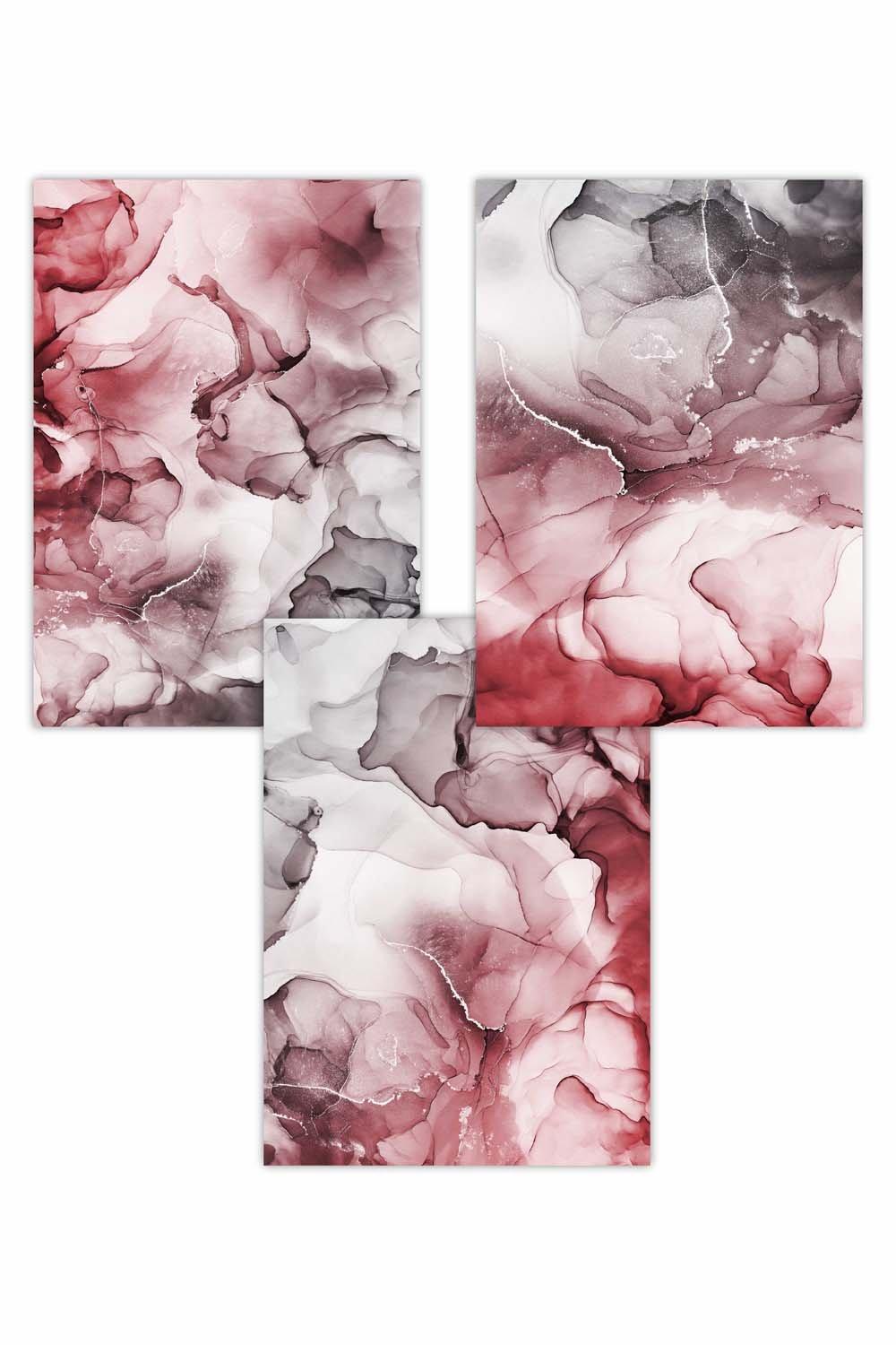 Set of 3 Abstract Floral Fluid in Red and Grey Art Posters