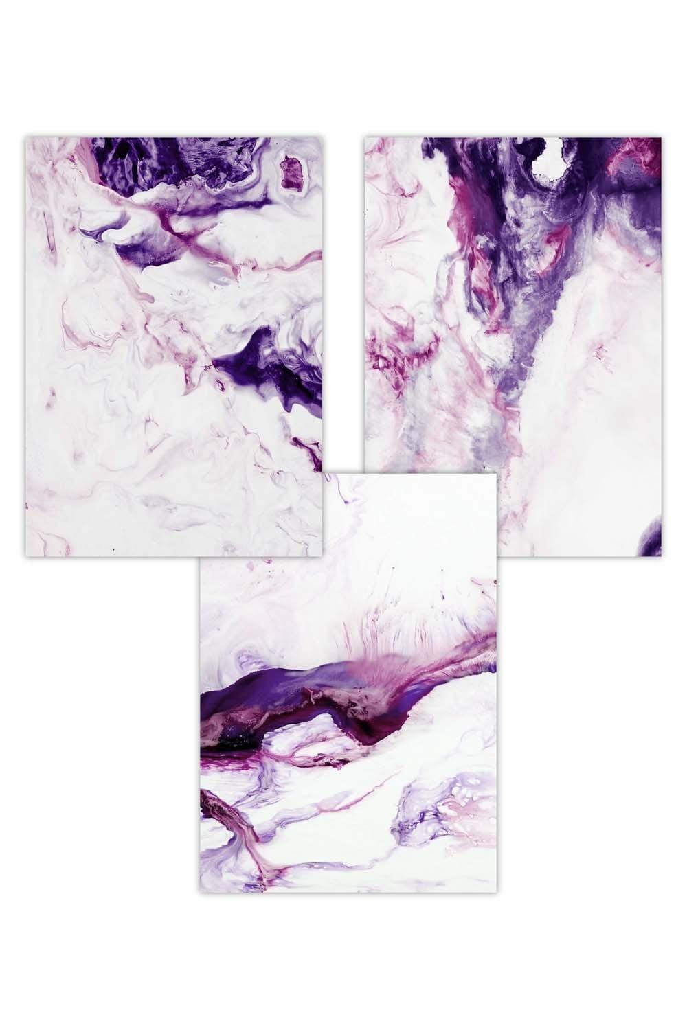 Set of 3 Purple Pink Abstract Ocean Waves Art Posters