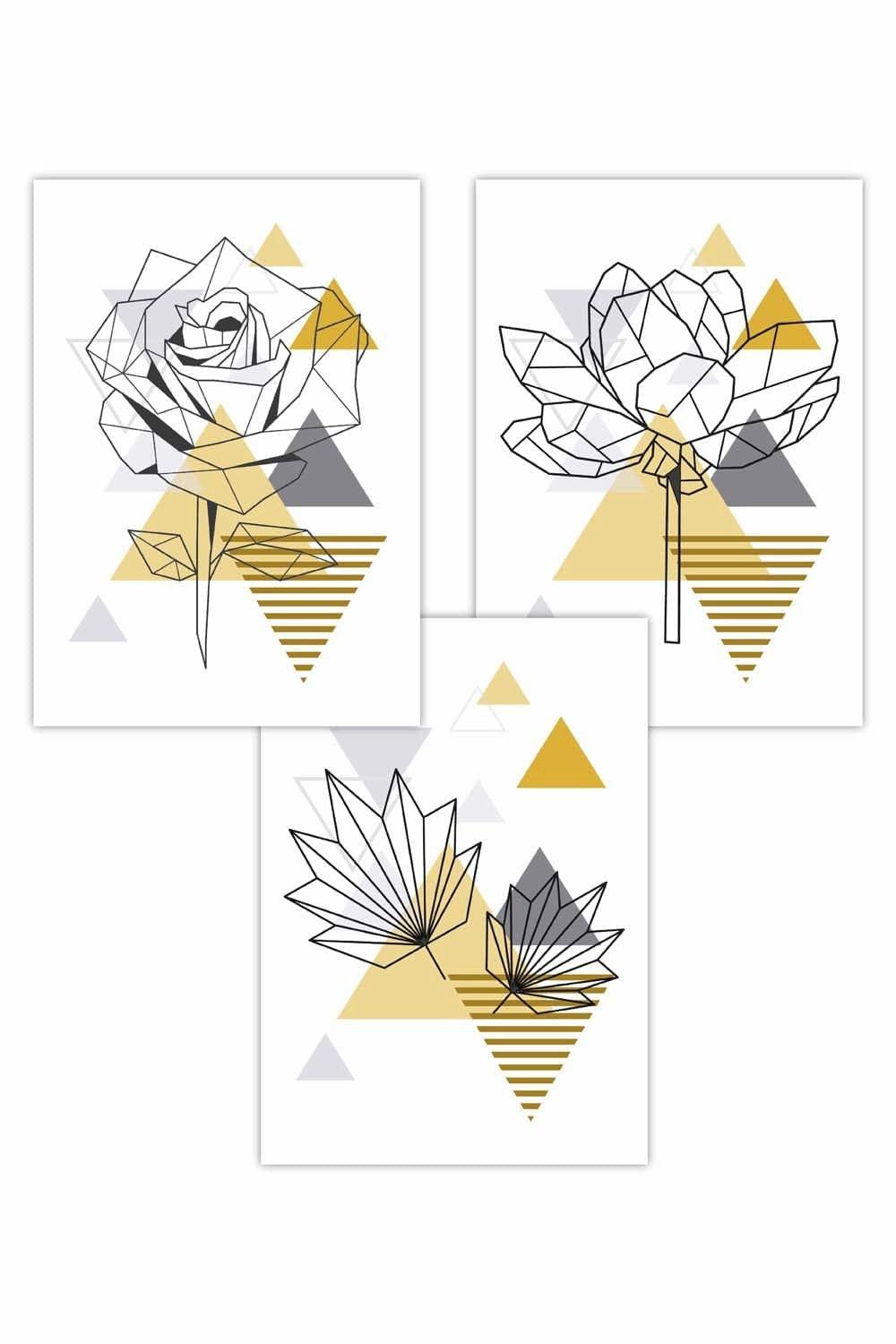 Set of 3 Geometric Line Art Peony Rose Yellow Set Art Posters