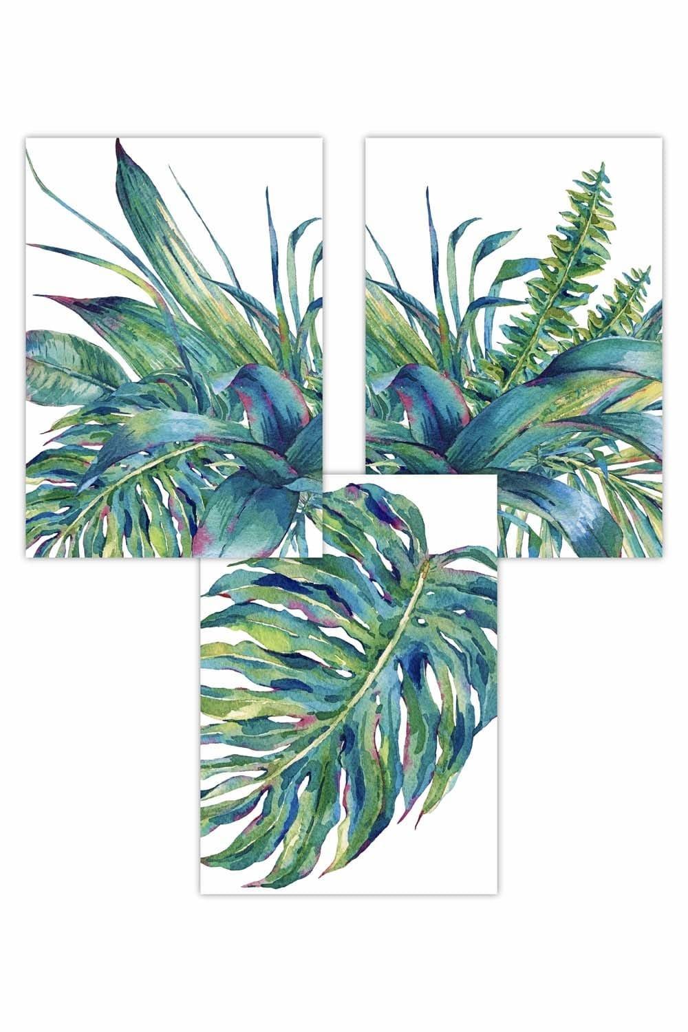 Set of 3 Tropical Leaves Green Blue Abstract Art Posters
