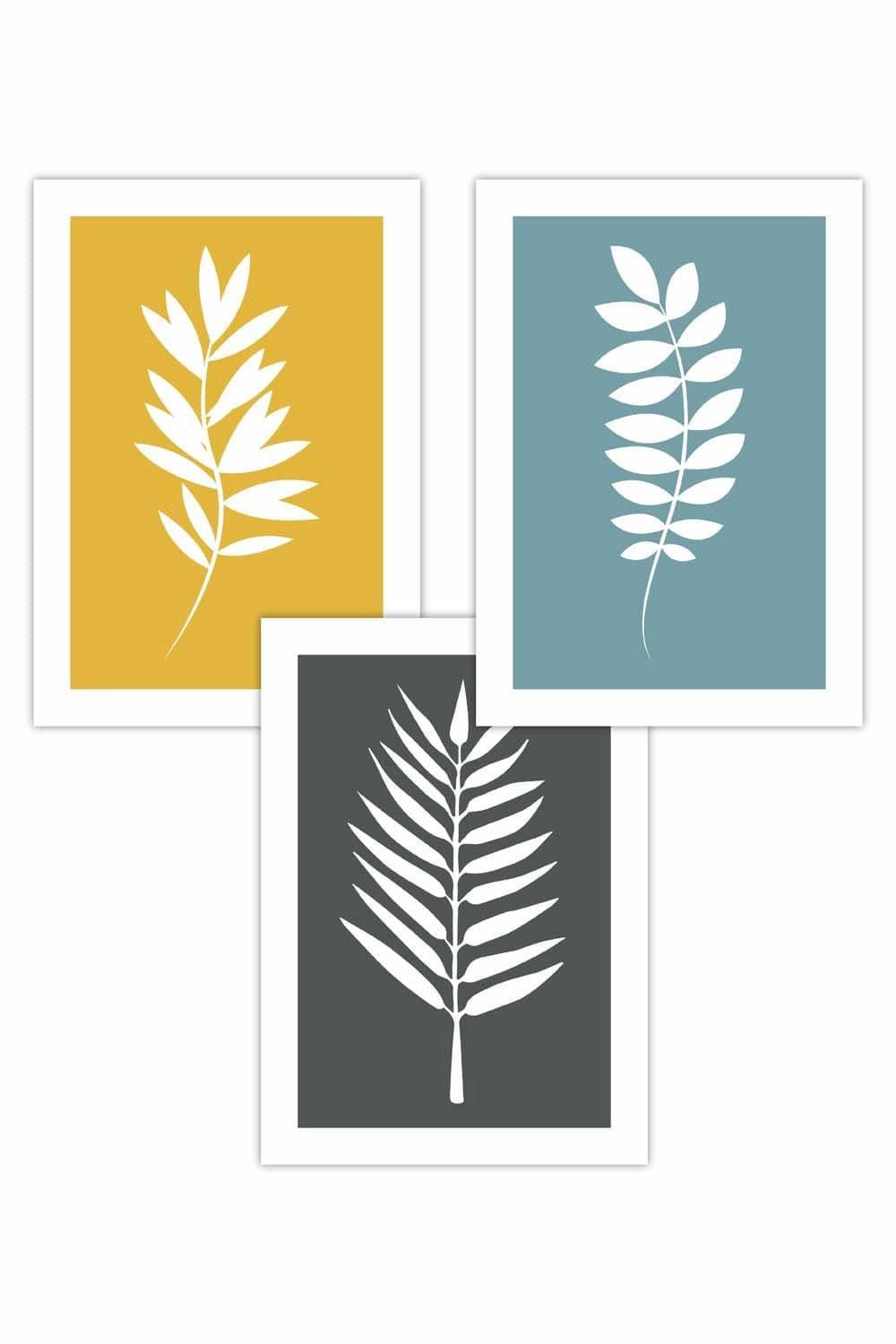 Set of 3 Yellow Grey Blue Graphical Leaves Art Posters