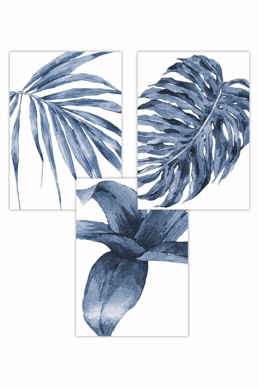 Set of 3 Tropical Plants Navy Blue Abstract Art Posters